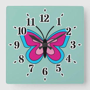 Horloge Carrée Papillon bleu magenta rose