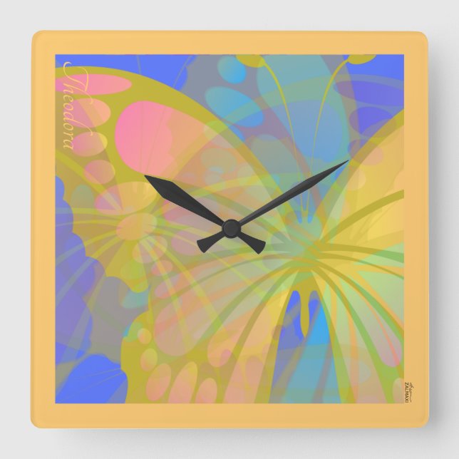Horloge Carrée Papillon bleu pêche en or chic (Recto)