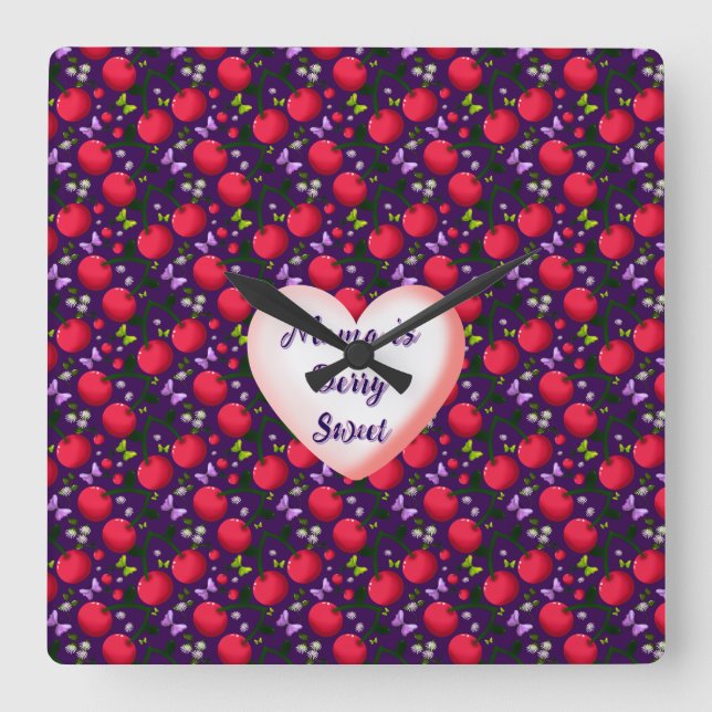 Horloge Carrée Papillon Cerise Mignon personnalisé et sur mesure (Recto)
