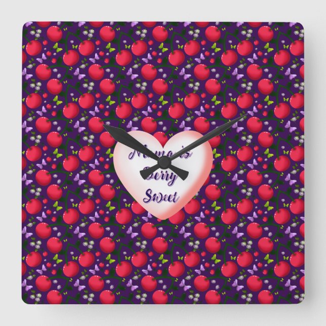 Horloge Carrée Papillon Cerise Mignon personnalisé et sur mesure (Recto)