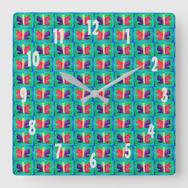 Horloge Carrée Papillon coloré | Filtres | Basique | (Recto)