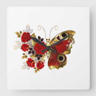 Horloge Carrée Papillon de fleurs rouges aux roses rouges