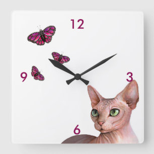 Horloge Carrée Papillon de rose de chat de sphinx de Sphynx du
