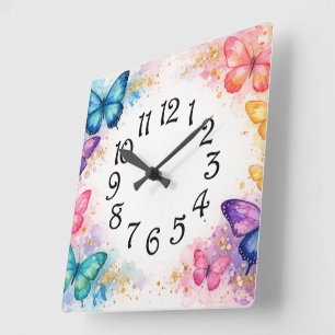 Horloge Carrée Papillon éclaboussure d'aquarelle et fille paillet