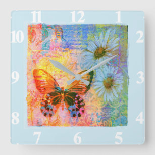 Horloge Carrée papillon et marguerites