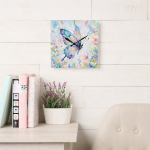 Horloge Carrée Papillon Floral Aquarelle Coloré