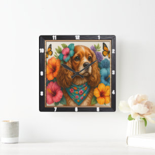 Horloge Carrée Papillon floral beagle