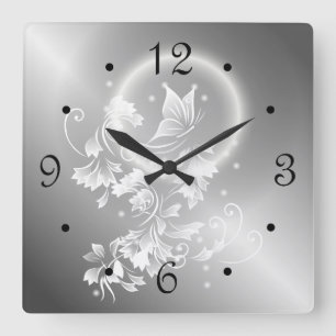 Horloge Carrée Papillon Floral Numéros Argent
