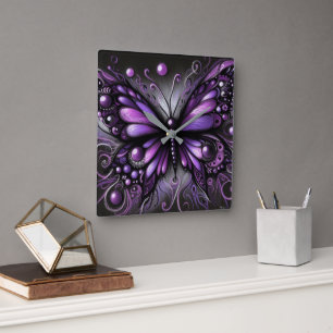 Horloge Carrée Papillon gothique fantaisiste violet noir coloré