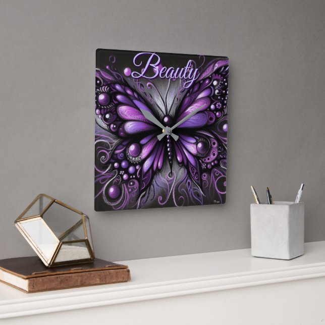 Horloge Carrée Papillon gothique fantaisiste violet personnalisé (Bureau)