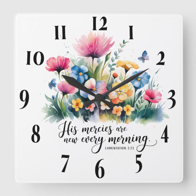 Horloge Carrée Papillon inspiré/Écriture biblique florale (Recto)
