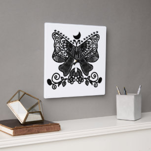 Horloge Carrée Papillon Lune Mystique Art Insecte Gothique Céle