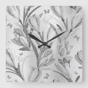 Horloge Carrée Papillon monochromatique floral de Graden de gris