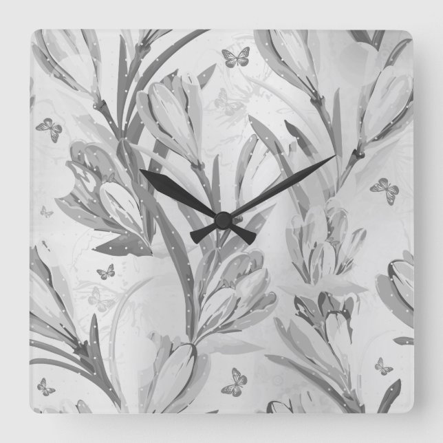 Horloge Carrée Papillon monochromatique gris argenté (Recto)