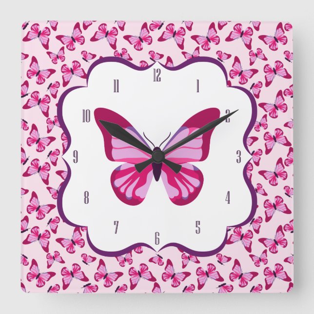 Horloge Carrée Papillon Motif Plutôt rose violet (Recto)