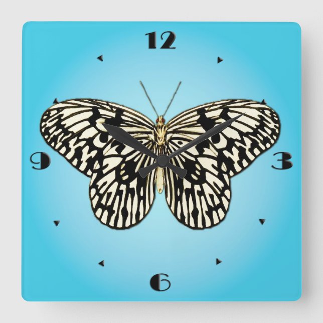 Horloge Carrée Papillon noir et blanc sur turquoise (Recto)