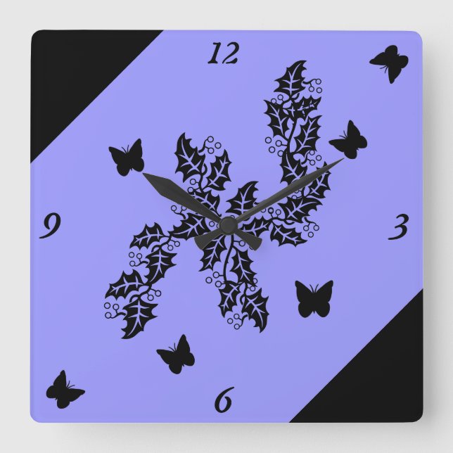 Horloge Carrée papillon noir sur lilas (Recto)