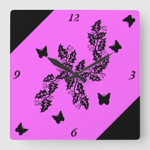 Horloge Carrée Papillon noir sur rose