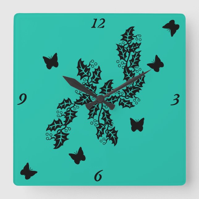 Horloge Carrée Papillon noir sur vert (Recto)