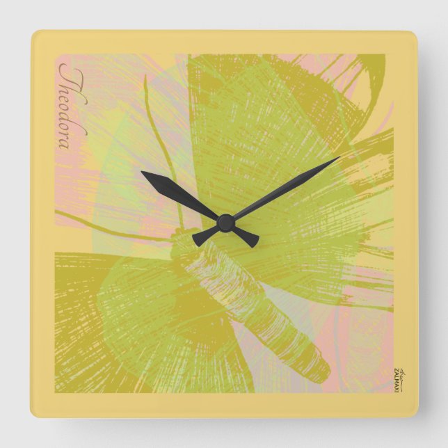 Horloge Carrée Papillon Or Abstrait Violet rose Pastel (Recto)