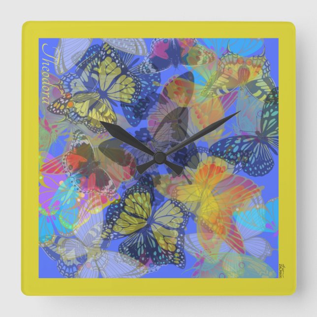 Horloge Carrée Papillon Or Chic Bleu Jaune (Recto)