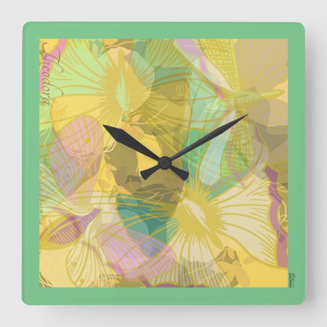 Horloge Carrée Papillon Or Chic Yellow Turquoise (Recto)