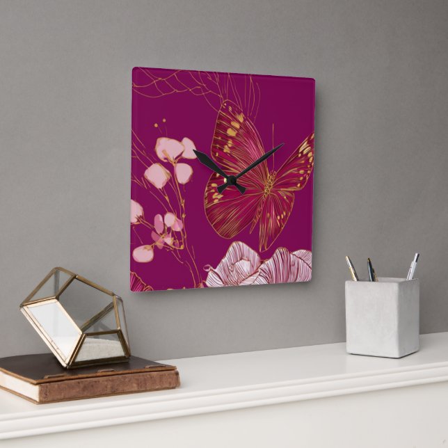 Horloge Carrée Papillon rose (Bureau)
