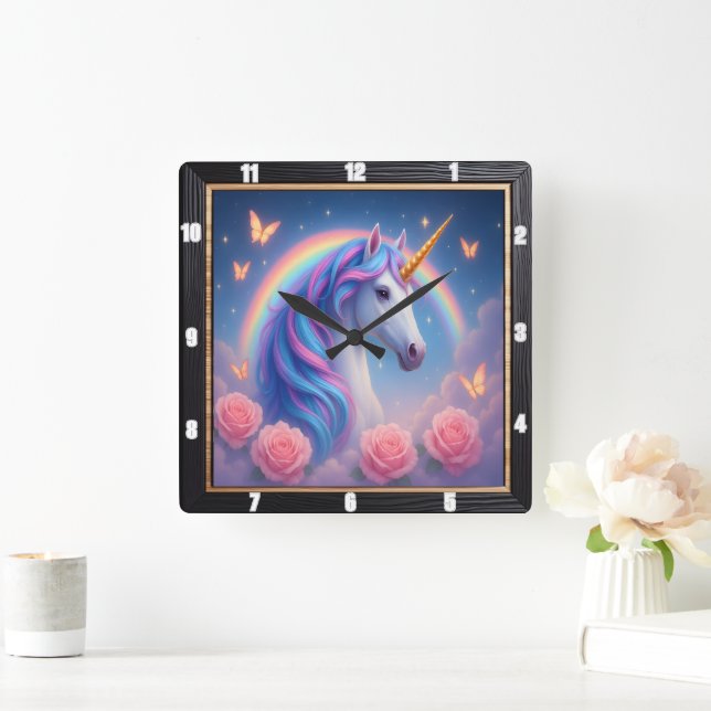 Horloge Carrée Papillon Rose Rainbow Unicorn (Maison)