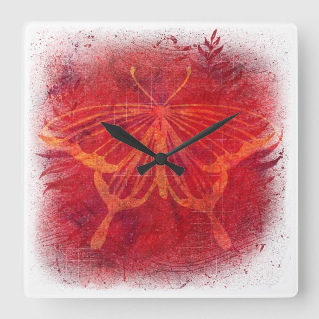 Horloge Carrée Papillon rouge Abstrait en relief (Recto)