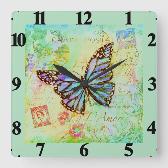 Horloge Carrée Papillon sarcelle et violet  (Recto)