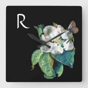 HORLOGE CARRÉE PAPILLON SUR FLEUR BLANCHE, MONOGRAMME FLORAL NOIR