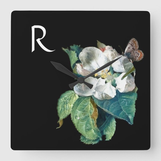 HORLOGE CARRÉE PAPILLON SUR FLEUR BLANCHE, MONOGRAMME FLORAL NOIR (Recto)