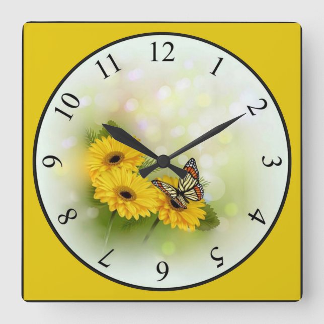 Horloge Carrée Papillon sur une marguerite jaune (Front)