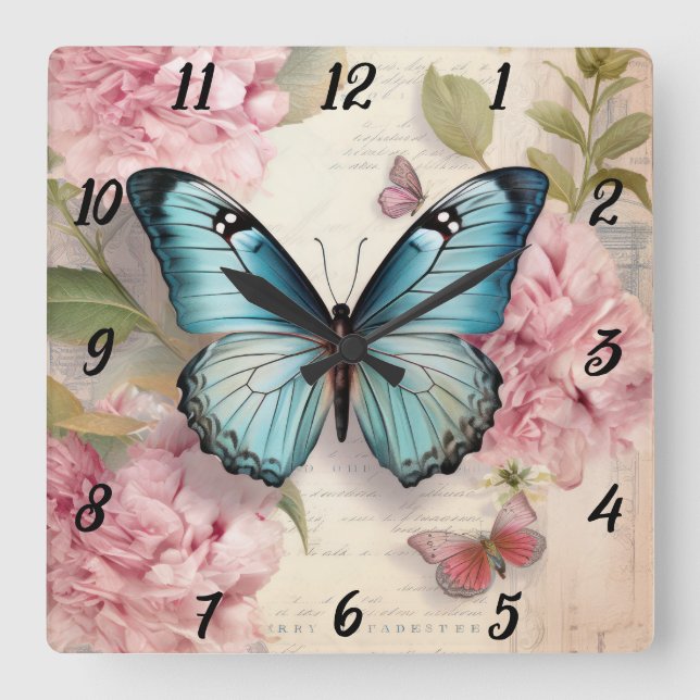 Horloge Carrée Papillon vintage et fleurs (Recto)