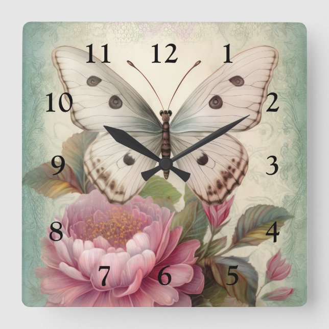 Horloge Carrée Papillon vintage et fleurs (Recto)