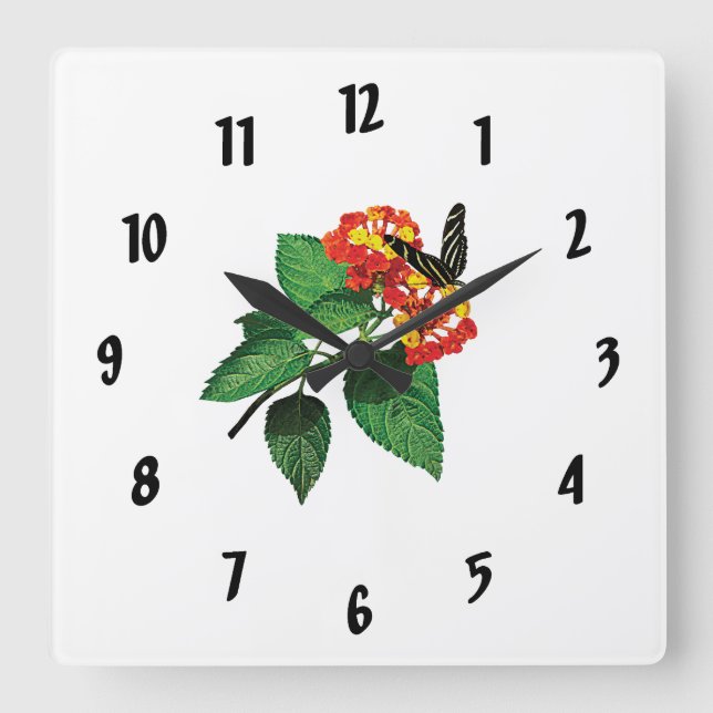 Horloge Carrée Papillon Zebra sur Lantanas (Recto)