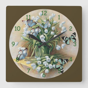 Horloge Carrée Papillons Autour Des Fleurs