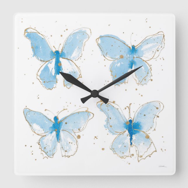 Horloge Carrée Papillons bleu Watercolor (Recto)