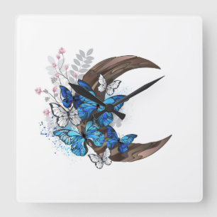 Horloge Carrée Papillons bleus sur croissant en bois