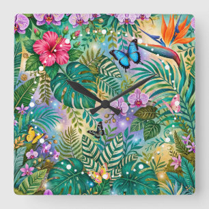 Horloge Carrée Papillons Fleurs Fantaisie Jungle Enjouée