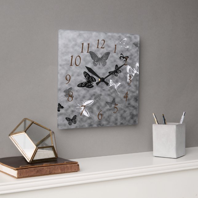 Horloge Carrée Papillons noirs et blancs (Bureau)