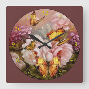 Horloge Carrée Papillons sur Fleurs
