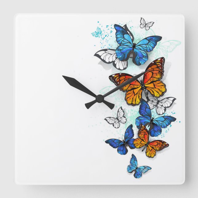 Horloge Carrée Papillons volants Morpho et Monarch (Recto)