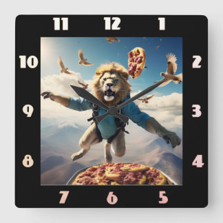 Horloge Carrée parachute des lions avec oiseaux et pizzas