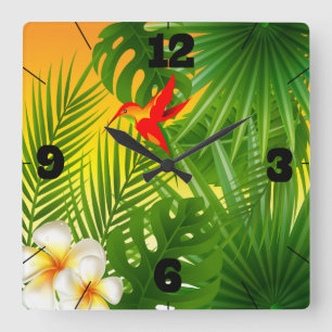 Horloge Carrée Paradis tropical avec un colibri