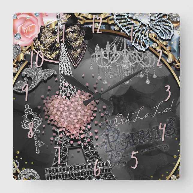 Horloge Carrée Paris Bling Glamor Sparkle France Girly Trendy (Recto)