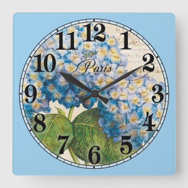 Horloge Carrée Paris et les fleurs bleues (Recto)