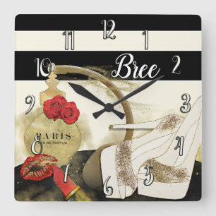 Horloge Carrée Paris Parfum Parfum Roses Talons & Rouge à Lèvres