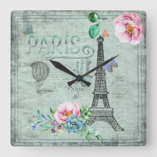 Horloge Carrée Paris - Typographie Vintage & Illustration