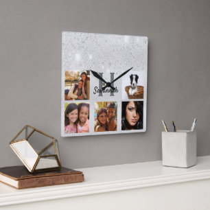 Horloge Carrée Parties scintillant argent collage photo monogramm